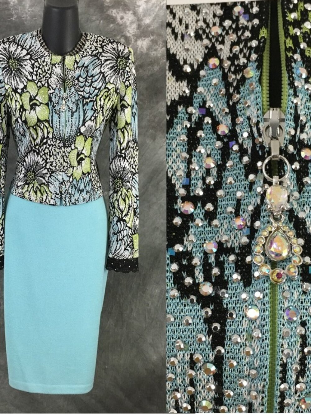 BEAUTIFUL St John knit blue green multi rhinestones embellished skirt suit 4 6